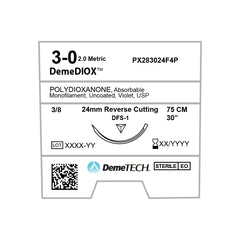 DemeDIOX, Polydioxanone Suture, Synthetic Absorbable, DFS-1, 24mm, 3/8 Circle, Reverse Cutting Needle, Violet, USP Size 3-0, 30 inches, (75cm)