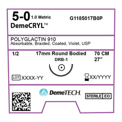 DemeCRYL, Polyglactin 910 Suture, Synthetic Absorbable, DRB-1, 17mm, 1/2 Circle, Round Bodied Needle, Violet, USP Size 5-0, 28 inches, (70cm)