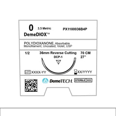 DemeDIOX, Polydioxanone Suture, Synthetic Absorbable, DCP-1, 36mm, 1/2 Circle, Reverse Cutting Needle, Violet, USP Size 0, 27 inches, (70cm)
