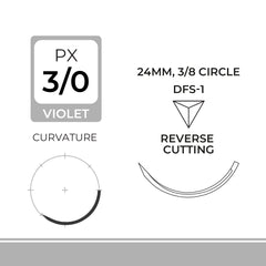 DemeDIOX, Polydioxanone Suture, Synthetic Absorbable, DFS-1, 24mm, 3/8 Circle, Reverse Cutting Needle, Violet, USP Size 3-0, 30 inches, (75cm)