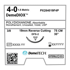 DemeDIOX, Polydioxanone Suture, Synthetic Absorbable, DFS-2, 19mm, 3/8 Circle, Reverse Cutting Needle, Violet, USP Size 4-0, 30 inches, (75cm)