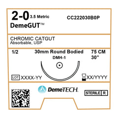 DemeGUT, Chromic Catgut Suture, Absorbable, DMH-1, 30mm, 1/2 Circle, Round Bodied Needle, Brown, USP Size 2-0, 30 inches, (75cm)
