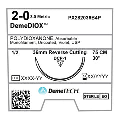 DemeDIOX, Polydioxanone Suture, Synthetic Absorbable, DCP-1, 36mm, 1/2 Circle, Reverse Cutting Needle, Violet, USP Size 2-0, 30 inches, (75cm)