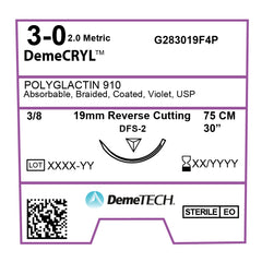DemeCRYL, Polyglactin 910 Suture, Synthetic Absorbable, DFS-2, 19mm, 3/8 Circle, Reverse Cutting Needle, Violet, USP Size 3-0, 30 inches, (75cm)