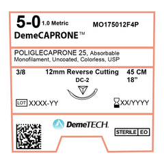 DemeCAPRONE, Poliglecaprone 25` Suture, Synthetic Absorbable, DC-2, 12mm, 3/8 Circle, Reverse Cutting Needle, Colorless, USP Size 5-0, 18 inches, (45cm)