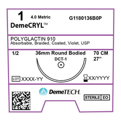 DemeCRYL, Polyglactin 910 Suture, Synthetic Absorbable, DCT-1, 36mm, 1/2 Circle, Round Bodied Needle, Violet, USP Size 1, 28 inches, (70cm)
