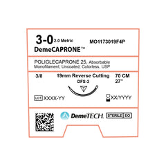 DemeCAPRONE, Poliglecaprone 25` Suture, Synthetic Absorbable, DFS-2, 19mm, 3/8 Circle, Reverse Cutting Needle, Colorless, USP Size 3-0, 27 inches, (70cm)