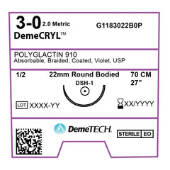 DemeCRYL, Polyglactin 910 Suture, Synthetic Absorbable, DSH-1, 22mm, 1/2 Circle, Round Bodied Needle, Violet, USP Size 3-0, 28 inches, (70cm)