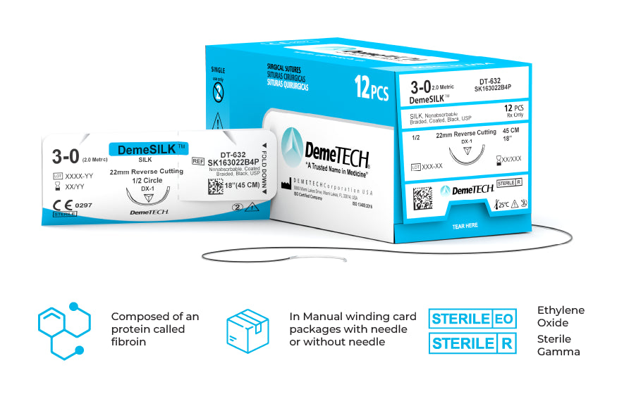 Non Absorbable Threads DemeSILK, Silk Suture, Synthetic Non-absorbable, DFS-2, 19mm, 3/8 Circ ...