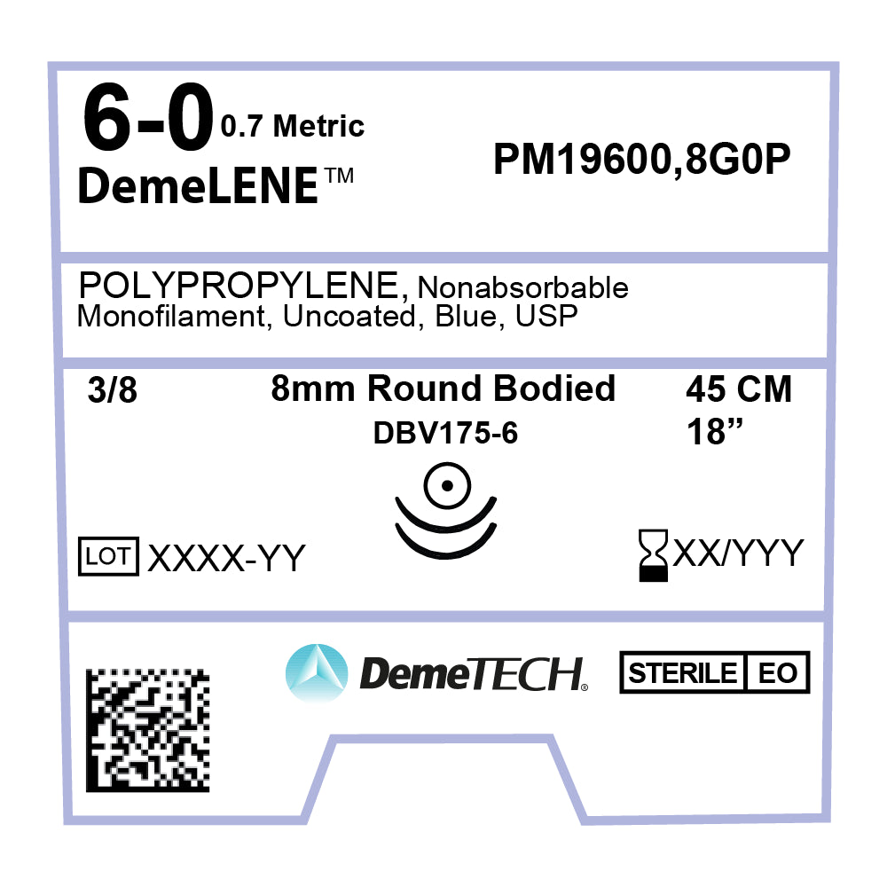 DemeLENE, Polypropylene Suture, Synthetic Non-absorbable, DBV175-6, 8mm, 3/8 Circle (DOUBLE), Round Bodied Needle, Blue, USP Size 6-0, 18 inches, (45cm)