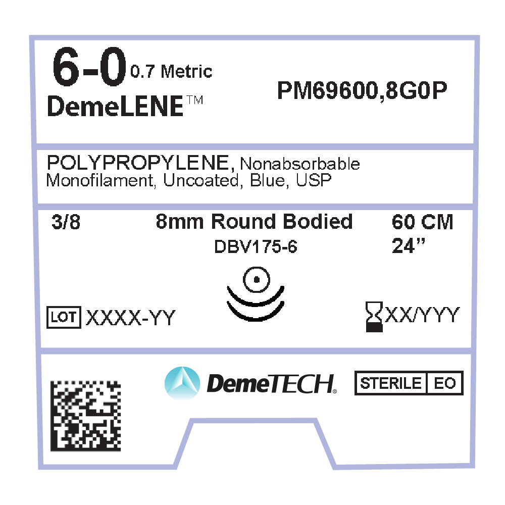 DemeLENE, Polypropylene Suture, Synthetic Non-absorbable, DBV175-6, 8mm, 3/8 Circle (DOUBLE), Round Bodied Needle, Blue, USP Size 6-0, 24 inches, (60cm)