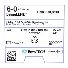 DemeLENE, Polypropylene Suture, Synthetic Non-absorbable, DBV175-6, 8mm, 3/8 Circle (DOUBLE), Round Bodied Needle, Blue, USP Size 6-0, 24 inches, (60cm)