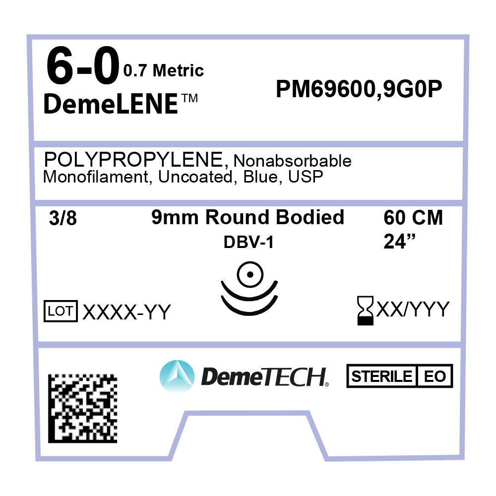 DemeLENE, Polypropylene Suture, Synthetic Non-absorbable, DBV-1, 9mm, 3/8 Circle (DOUBLE), Round Bodied Needle, Blue, USP Size 6-0, 24 inches, (60cm)