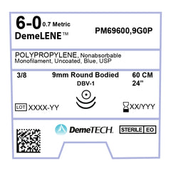 DemeLENE, Polypropylene Suture, Synthetic Non-absorbable, DBV-1, 9mm, 3/8 Circle (DOUBLE), Round Bodied Needle, Blue, USP Size 6-0, 24 inches, (60cm)