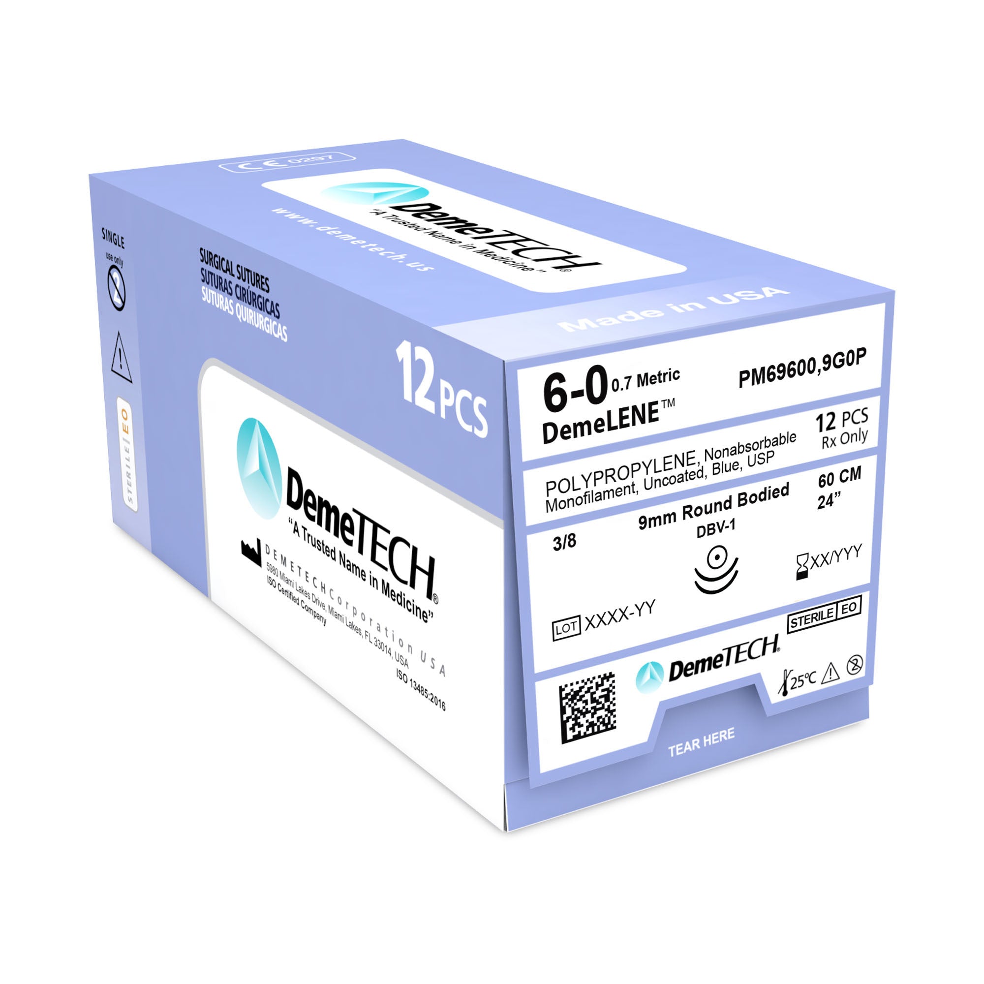 DemeLENE, Polypropylene Suture, Synthetic Non-absorbable, DBV-1, 9mm, 3/8 Circle (DOUBLE), Round Bodied Needle, Blue, USP Size 6-0, 24 inches, (60cm)