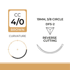 DemeGUT, Chromic Catgut Suture, Absorbable, DFS-2, 19mm, 3/8 Circle, Reverse Cutting Needle, Brown, USP Size 4-0, 18 inches, (45cm)