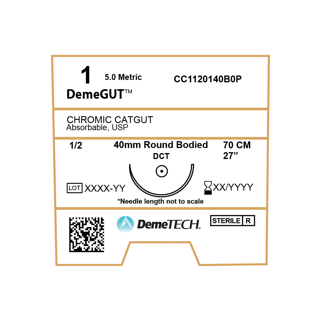 DemeGUT, Chromic Catgut Suture, Absorbable, DCT, 40mm, 1/2 Circle, Round Bodied Needle, Brown, USP Size 1, 27 inches, (70cm)