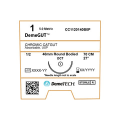 DemeGUT, Chromic Catgut Suture, Absorbable, DCT, 40mm, 1/2 Circle, Round Bodied Needle, Brown, USP Size 1, 27 inches, (70cm)