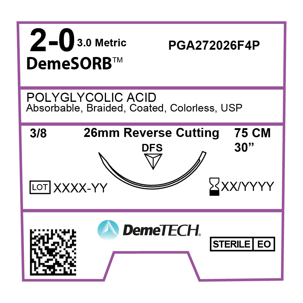 DemeSORB, Polyglycolic Acid Suture, Synthetic Absorbable, DFS, 26mm, 3/8 Circle, Reverse Cutting Needle, Colorless, USP Size 2-0, 30 inches, (75cm)