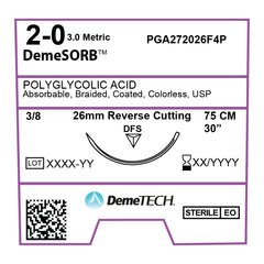 DemeSORB, Polyglycolic Acid Suture, Synthetic Absorbable, DFS, 26mm, 3/8 Circle, Reverse Cutting Needle, Colorless, USP Size 2-0, 30 inches, (75cm)