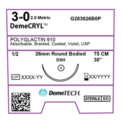 DemeCRYL, Polyglactin 910 Suture, Synthetic Absorbable, DSH, 26mm, 1/2 Circle, Round Bodied Needle, Violet, USP Size 3-0, 30 inches, (75cm)