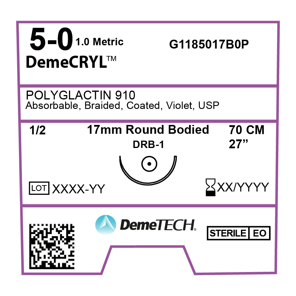DemeCRYL, Polyglactin 910 Suture, Synthetic Absorbable, DRB-1, 17mm, 1/2 Circle, Round Bodied Needle, Violet, USP Size 5-0, 28 inches, (70cm)
