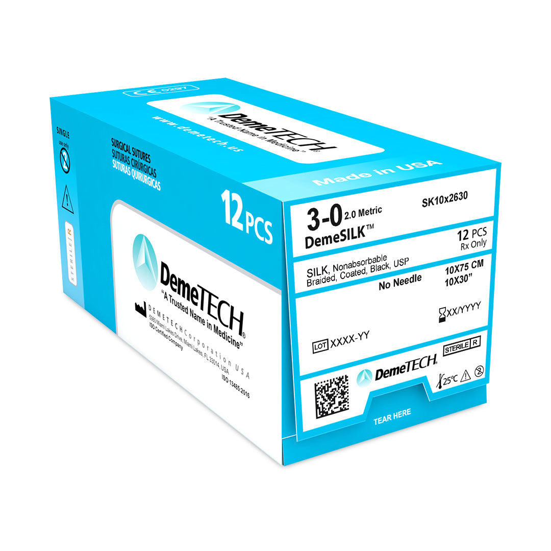 DemeSILK, Silk Suture, Synthetic Non-absorbable, , No Needle, Black, USP Size 3-0, 30 inches, (75cm)
