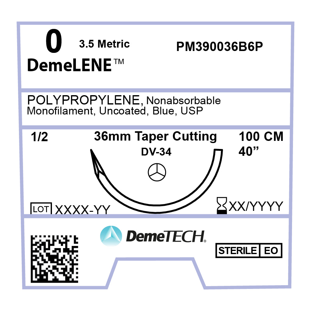 DemeLENE, Polypropylene Suture, Synthetic Non-absorbable, DV-34, 36mm, 1/2 Circle, Taper Cutting Needle, Blue, USP Size 0, 39 inches, (100cm)
