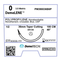 DemeLENE, Polypropylene Suture, Synthetic Non-absorbable, DV-34, 36mm, 1/2 Circle, Taper Cutting Needle, Blue, USP Size 0, 39 inches, (100cm)