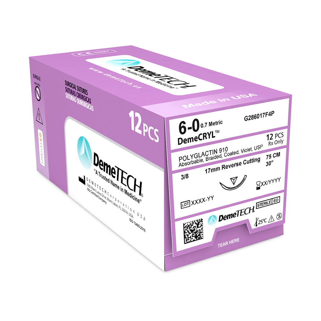 DemeCRYL, Polyglactin 910 Suture, Synthetic Absorbable, , 17mm, 3/8 Circle, Reverse Cutting Needle, Violet, USP Size 6-0, 30 inches, (75cm)