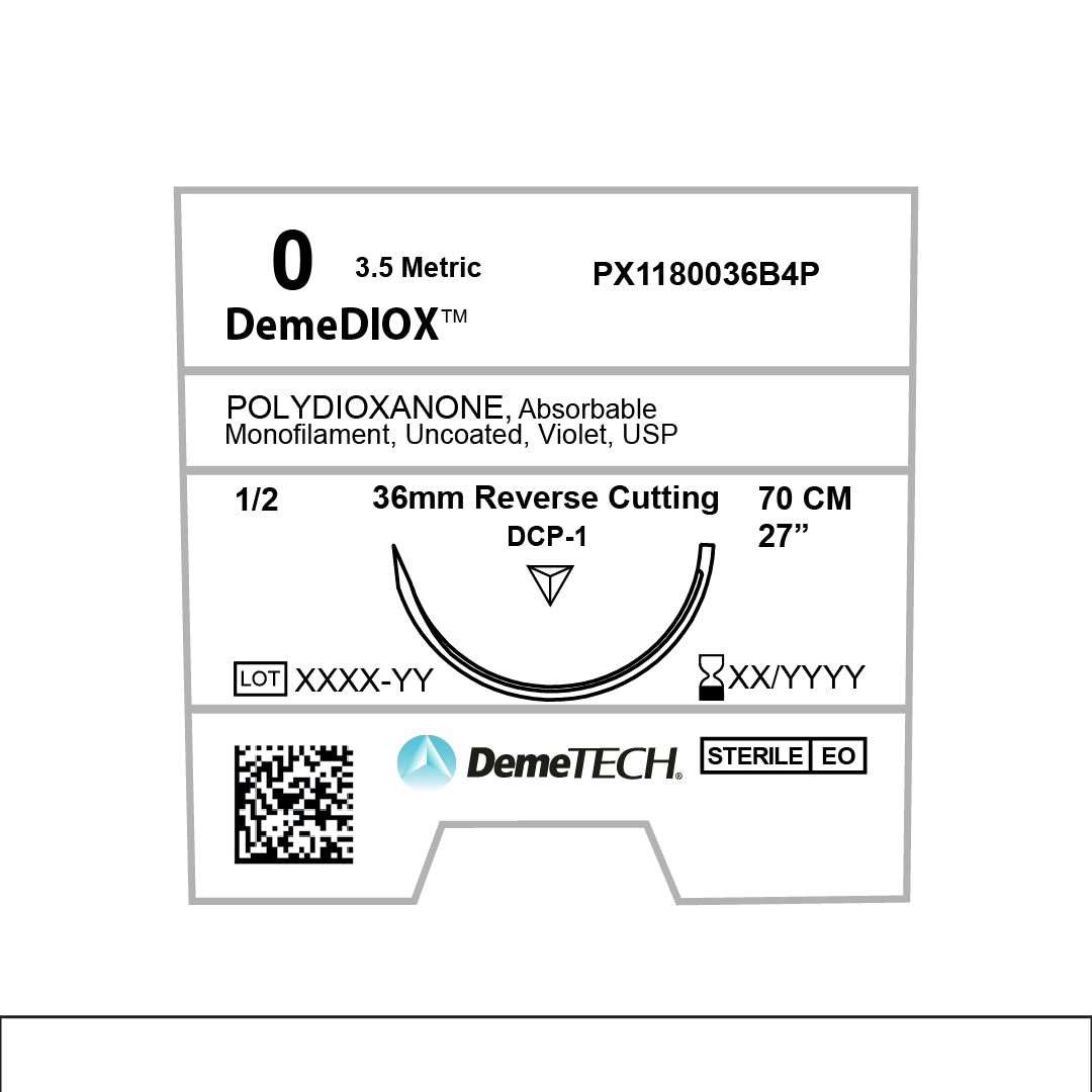 DemeDIOX, Polydioxanone Suture, Synthetic Absorbable, DCP-1, 36mm, 1/2 Circle, Reverse Cutting Needle, Violet, USP Size 0, 27 inches, (70cm)