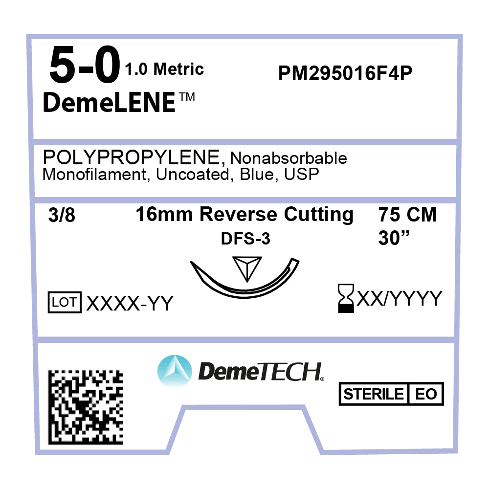 DemeLENE, Polypropylene Suture, Synthetic Non-absorbable, DFS-3, 16mm, 3/8 Circle, Reverse Cutting Needle, Blue, USP Size 5-0, 30 inches, (75cm)