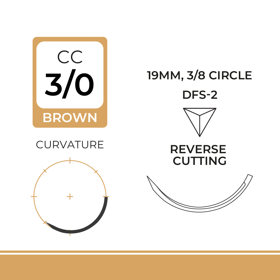 DemeGUT, Chromic Catgut Suture, Absorbable, DFS-2, 19mm, 3/8 Circle, Reverse Cutting Needle, Brown, USP Size 3-0, 30 inches, (75cm)