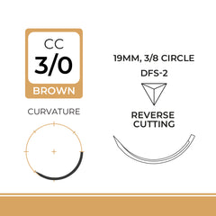 DemeGUT, Chromic Catgut Suture, Absorbable, DFS-2, 19mm, 3/8 Circle, Reverse Cutting Needle, Brown, USP Size 3-0, 30 inches, (75cm)