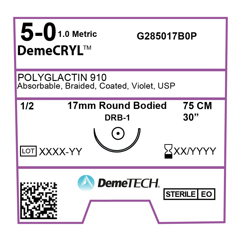DemeCRYL, Polyglactin 910 Suture, Synthetic Absorbable, DRB-1, 17mm, 1/2 Circle, Round Bodied Needle, Violet, USP Size 5-0, 30 inches, (75cm)