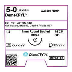 DemeCRYL, Polyglactin 910 Suture, Synthetic Absorbable, DRB-1, 17mm, 1/2 Circle, Round Bodied Needle, Violet, USP Size 5-0, 30 inches, (75cm)