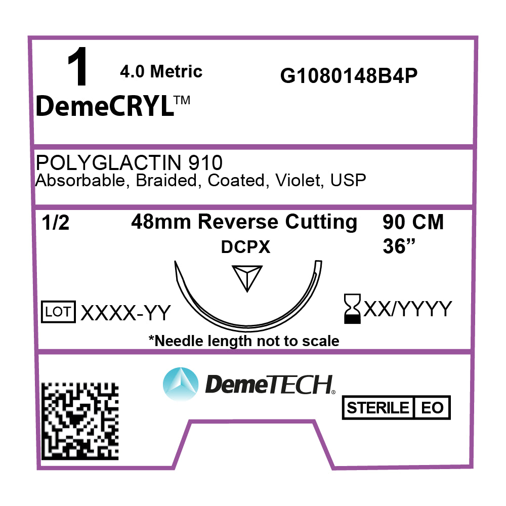 DemeCRYL, Polyglactin 910 Suture, Synthetic Absorbable, DCPX, 48mm, 1/2 Circle, Reverse Cutting Needle, Violet, USP Size 1, 35 inches, (90cm)