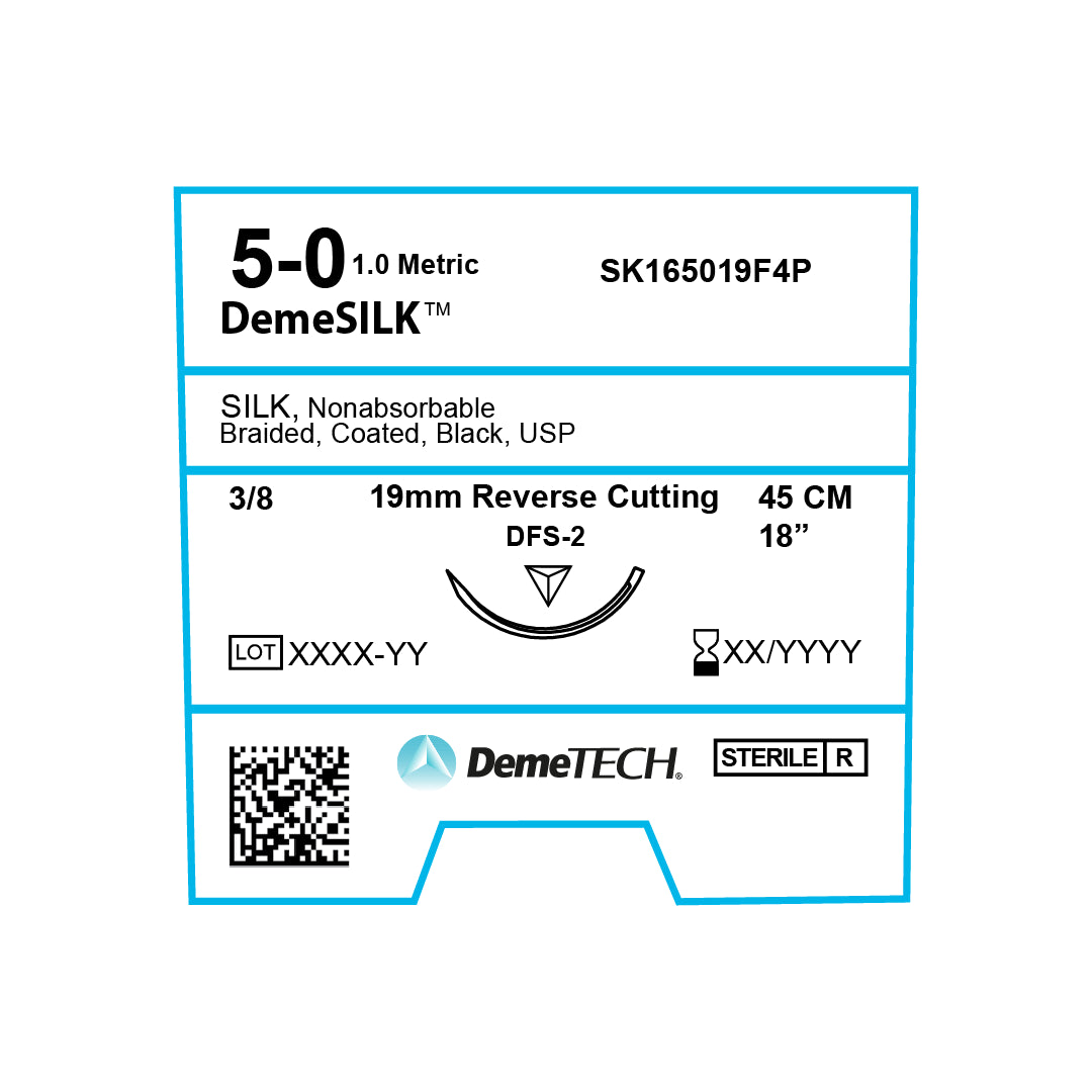 DemeSILK, Silk Suture, Synthetic Non-absorbable, DFS-2, 19mm, 3/8 Circle, Reverse Cutting Needle, Black, USP Size 5-0, 18 inches, (45cm)