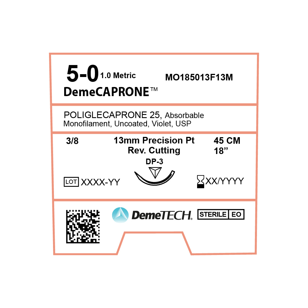 DemeCAPRONE, Poliglecaprone 25` Suture, Synthetic Absorbable, DP-3, 13mm, 3/8 Circle, Precision Point Reverse Cutting Needle, Violet, USP Size 5-0, 18 inches, (45cm)