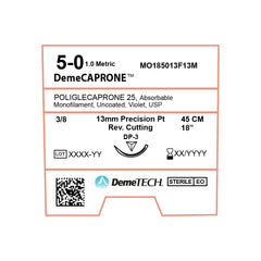 DemeCAPRONE, Poliglecaprone 25` Suture, Synthetic Absorbable, DP-3, 13mm, 3/8 Circle, Precision Point Reverse Cutting Needle, Violet, USP Size 5-0, 18 inches, (45cm)