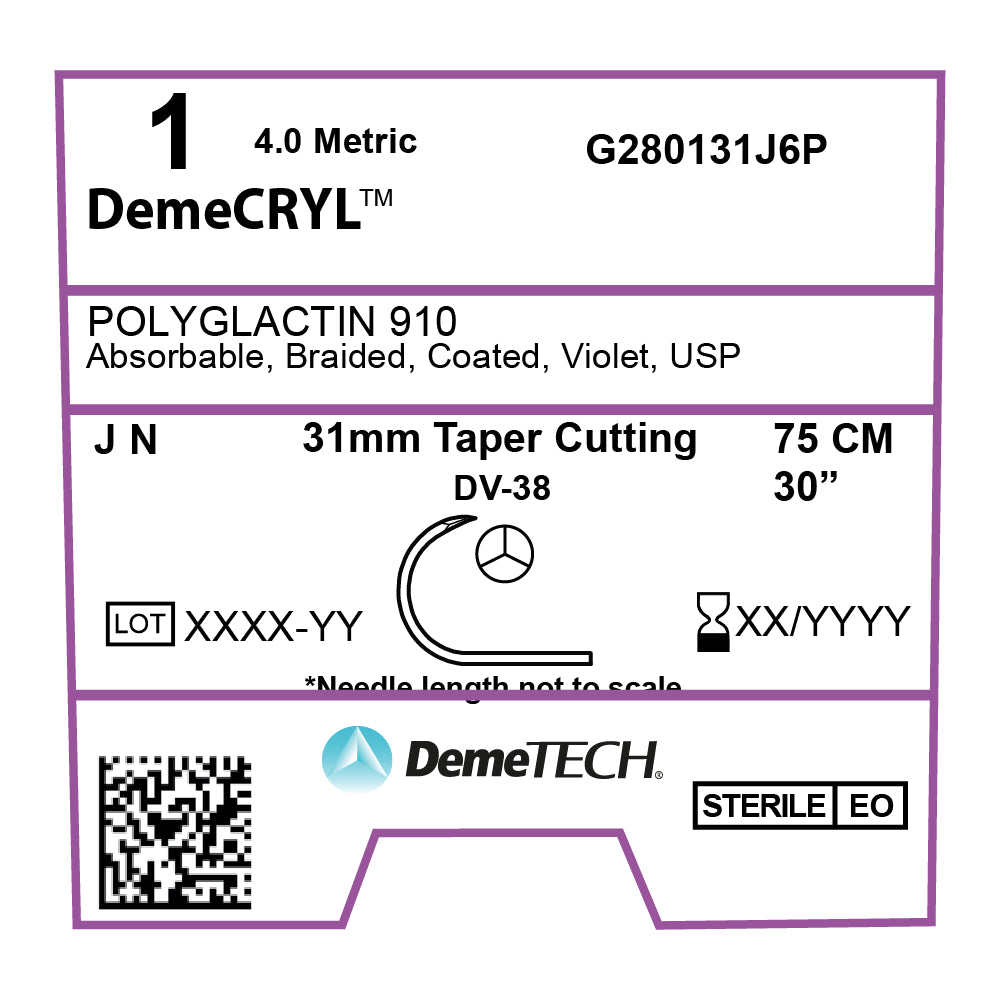 DemeCRYL, Polyglactin 910 Suture, Synthetic Absorbable, DV-38, 31mm, J Needle, Taper Cutting Needle, Violet, USP Size 1, 30 inches, (75cm)