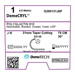 DemeCRYL, Polyglactin 910 Suture, Synthetic Absorbable, DV-38, 31mm, J Needle, Taper Cutting Needle, Violet, USP Size 1, 30 inches, (75cm)