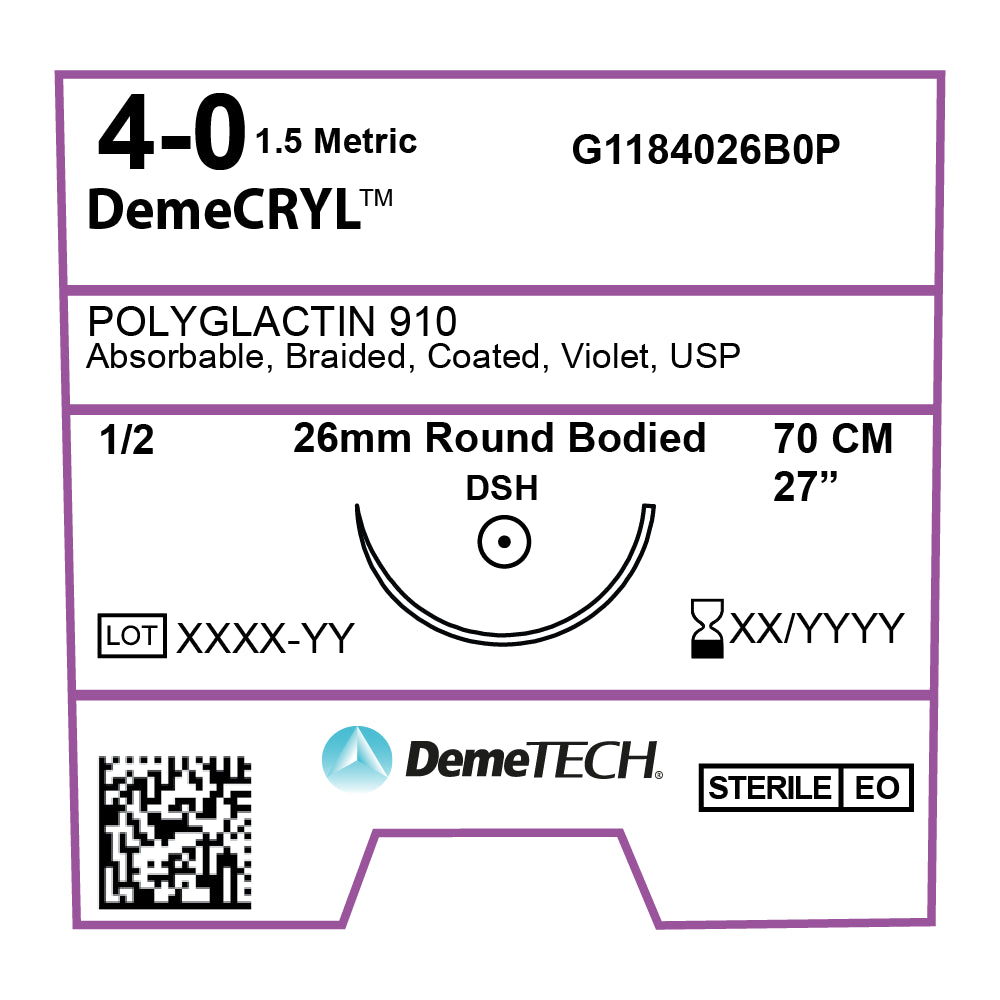 DemeCRYL, Polyglactin 910 Suture, Synthetic Absorbable, DSH, 26mm, 1/2 Circle, Round Bodied Needle, Violet, USP Size 4-0, 28 inches, (70cm)