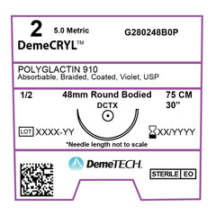 DemeCRYL, Polyglactin 910 Suture, Synthetic Absorbable, DCTX, 48mm, 1/2 Circle, Round Bodied Needle, Violet, USP Size 2, 30 inches, (75cm)