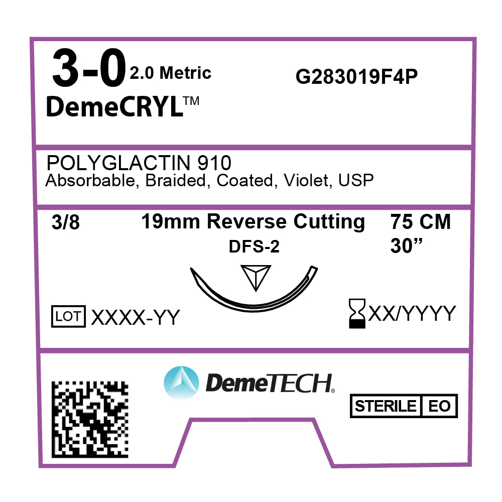 DemeCRYL, Polyglactin 910 Suture, Synthetic Absorbable, DFS-2, 19mm, 3/8 Circle, Reverse Cutting Needle, Violet, USP Size 3-0, 30 inches, (75cm)