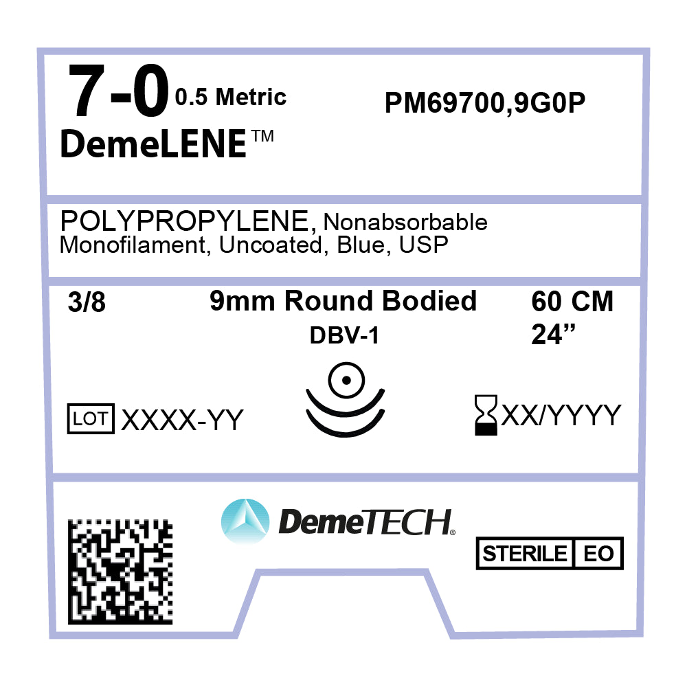 DemeLENE, Polypropylene Suture, Synthetic Non-absorbable, DBV-1, 9mm, 3/8 Circle (DOUBLE), Round Bodied Needle, Blue, USP Size 7-0, 24 inches, (60cm)