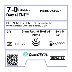 DemeLENE, Polypropylene Suture, Synthetic Non-absorbable, DBV-1, 9mm, 3/8 Circle (DOUBLE), Round Bodied Needle, Blue, USP Size 7-0, 24 inches, (60cm)