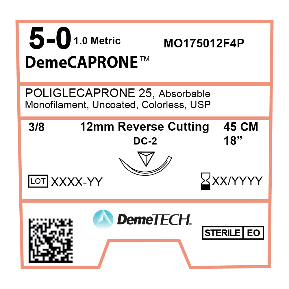 DemeCAPRONE, Poliglecaprone 25` Suture, Synthetic Absorbable, DC-2, 12mm, 3/8 Circle, Reverse Cutting Needle, Colorless, USP Size 5-0, 18 inches, (45cm)