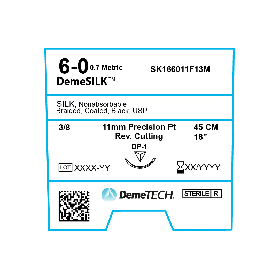 DemeSILK, Silk Suture, Synthetic Non-absorbable, DP-1, 11mm, 3/8 Circle, Precision Point Reverse Cutting Needle, Black, USP Size 6-0, 18 inches, (45cm)