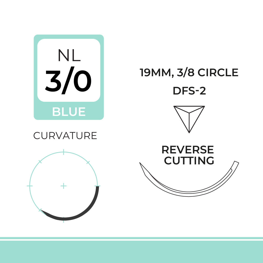 DemeLON, Nylon Monofilament Suture, Synthetic Non-absorbable, DFS-2, 19mm, 3/8 Circle, Reverse Cutting Needle, Blue, USP Size 3-0, 30 inches, (75cm)